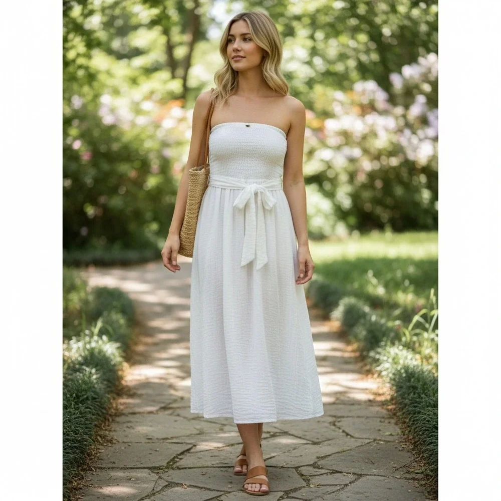 Scoop Womens Strapless White Gauze Midi Dress Smocked Waist Self Belt Small 4-6 - Picture 1 of 5